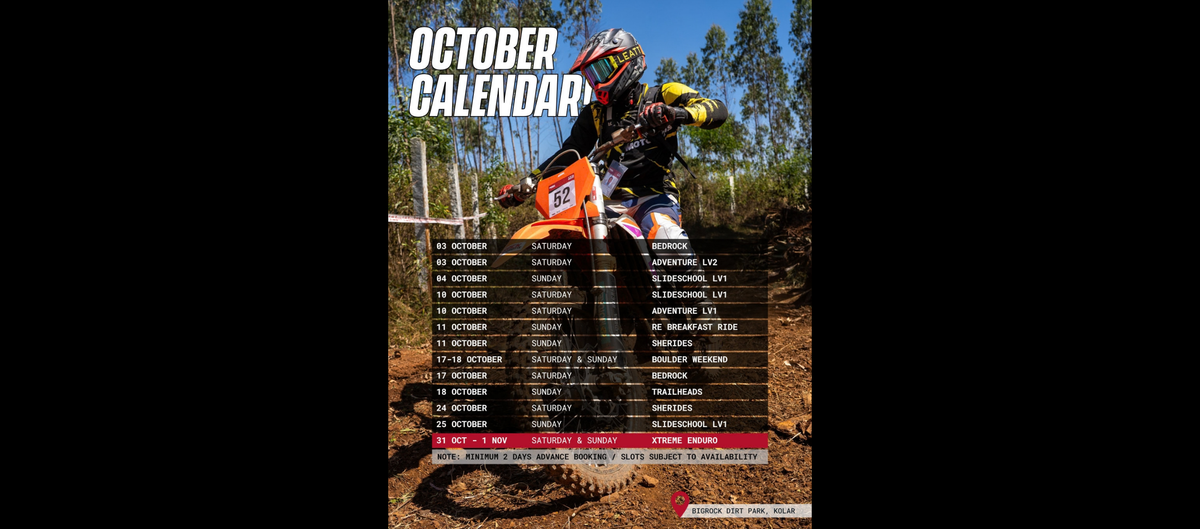 Full calendar of the October-2026 Rides, Events, Trails & Training at BigRock Dirt Park Kolar